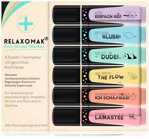 GLÜCKSGUT® 6x Textmarker Pastell im 4er Pack | Geschenkbox & Anleitung | Scherz-Medikament | Anti Stress | Büro Schule Studium Uni | Abschiedsgeschenk für Kollegen Chef Lehrer