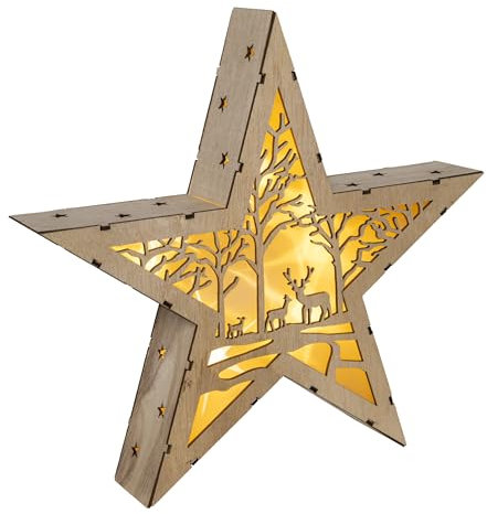 Bambelaa! Holzstern mit Winterkulisse Fensterdeko zum Stellen mit 10 warmweißen LEDs batteriebetrieben für Innen aus Holz und Kunststoff ca. 30 x 6 x 30 cm