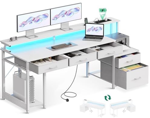 Coleshome Computer Desk with Drawers, 162x48cm Office Desk with LED Lights & Power Oultet, Reversible PC Study Table with Storage, White