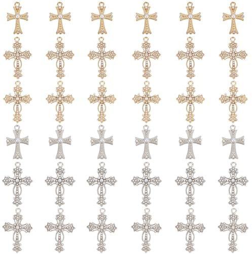 SUNNYCLUE 1 Box 36 Stück 6 Stile Medaillen Kruzifix Anhänger Strass Kreuz Anhänger Großpackung Gold/Silber Metalllegierung Antike Oster Anhänger Für Die Schmuckherstellung Bettelarmbänder Ohrringe DIY