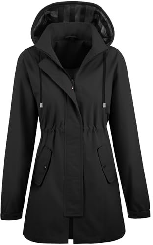 CMTOP Impermeabile Donna Antipioggia Giacca a Vento Leggero Traspirante Cappotto di Pioggia, Antivento Mantella Antipioggia Trench Raincoat con Cappuccio con Coulisse All'aperto(Nero,M)