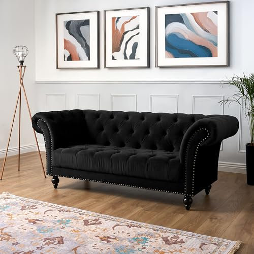 Bravich Velvet Chesterfield Sofa - Black. 3 Seater Sofa, Velvet Fabric Settee for Living Room Furniture. 3 Seater Couch, Easy Clean (3 Seater, Black, 195cm x 58cm x 82cm)