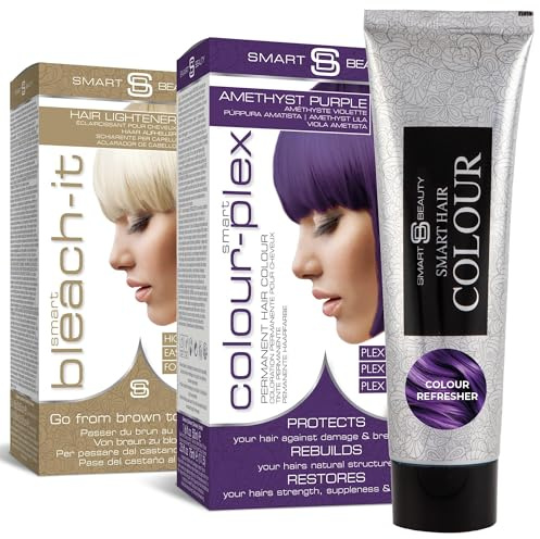 Starter Bundle Pack - Bleach Kit & Amethyst Purple Hair Dye & Refresher - Smart Beauty Hair Lightener, Permanent Hair Colour with Maintenance Colour Booster