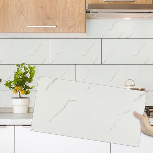 Decoroom Tile Stickers White 60x30cm/10pcs,Marble Self Adhesive Wall Tiles Waterproof,Peel and Stick on Wall for Bathroom Kitchen Splashback