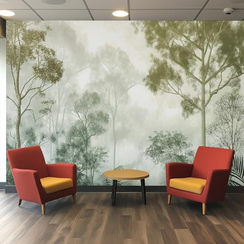 Wallpaper Woodland Wall Mural, Nature Landscape Misty Forest Tree Photo Wallpaper for Living Room Bedroom, 250 x 175 cm