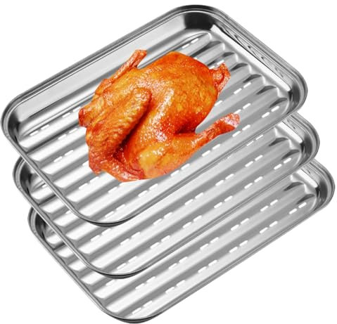 BBQ Grillschalen 3 Stück, Edelstahl Wiederverwendbare Grillkörbe mit Löchern für Gemüse, Fisch und Fleisch, spülmaschinenfestes Grillzubehör für Gasgrill Holzkohlegrill, Hitzebeständig 34,5x24x2cm