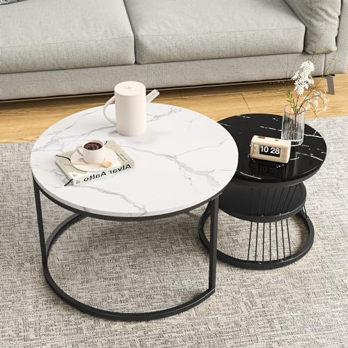 BRILVERDE Couchtisch Rund 2er Set,Wohnzimmertisch Sofatisch Beistelltisch,Weiß Marmoroptik,Gold Metallgestell,für Wohnzimmer,Büro(Schwarz+Weiß(5))