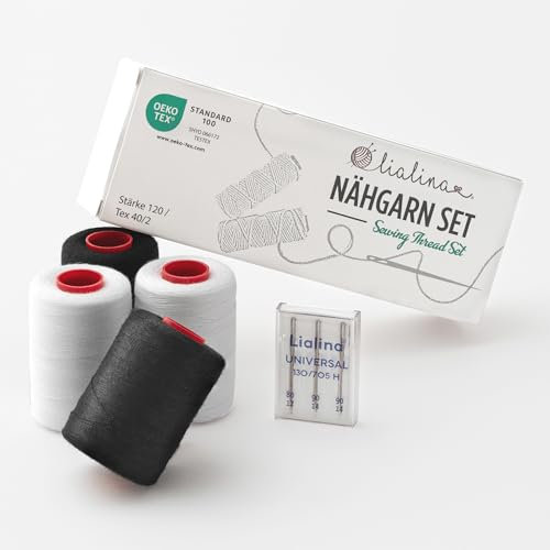 Lialina/Nähgarn Set inkl. Nähmaschinennadeln / 4 x 1000 m Weiß & Schwarz / 100% Polyester/OEKO-TEX/Stärke 120 / Reißfestes Nähgarn für Haushaltsnähmaschine