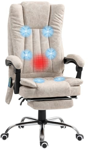 Vinsetto Fauteuil de Bureau Massant et Chauffant Ergonomique Crème | Chaise de Bureau, Hauteur Réglable, Dossier Inclinable, Repose-Pied, Télécommande Filaire, Pivotant 360°