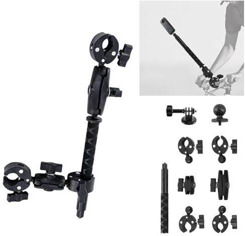 TINMAGI Motocicleta Cámara de Montaje Kit, Soporte para Manillar de Motocicleta con Palo Selfie de 120 cm, Soporte de Cámara de Doble Abrazadera, Ajustable Giro de 360°, para Insta 360 GoPro dji