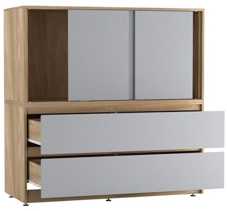 URBNLIVING 120cm Wide Sliding Door Wardrobe with 4 Hidden Drawers, Modern Bedroom Storage Cabinet, 3 Smooth Glide Doors, Deep 2-in-1 Drawers, Spacious Cupboard for Clothes & Essentials