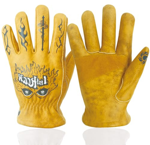 OLSON DEEPAK Retro Braun Leder Arbeitshandschuhe für Schnitt/Motorrad/Bauernhof, Rindsleder Arbeitshandschuhe mit verblasstem Effekt für Männer (Braun-04, L)