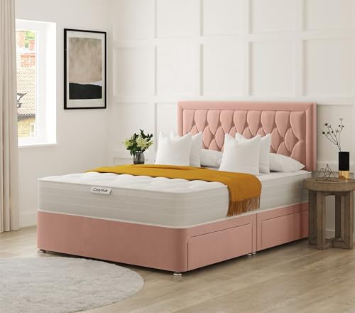 COZY HUB LTD Hilton Florida Divan Bed with 10 Inch Ortho Tufted Mattress & Plush Velvet Headboard – Luxury Divan Set with Drawer Storage Options. (Pink, 4Ft6-2 Drawers)