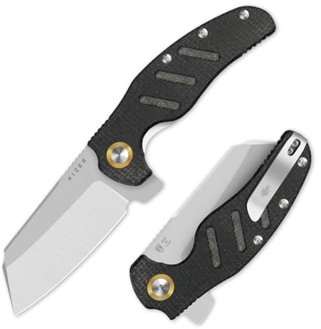Kizer C01C XL Sheepdog Taschenmesser, Schafsfuß 14C28N Klinge Klappmesser | 9,9 cm Faltbar Klinge mit Schwarzem Jute-Micarta-Griff und Clip, Camping Survival Messer für Männer und Frauen, V5488M2