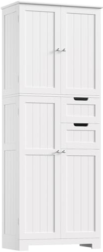 HOCSOK 164.5 cm Tall Bathroom Cabinet, Freestanding Storage Cupboard, Adjustable Shelves and Drawers, Wooden High Floor Cabinet Unit for Living Room Kitchen, White
