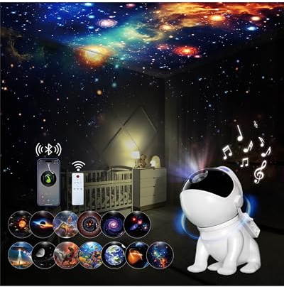 Projecteur Ciel Etoile, Planetarium Projecteur avec 12 Disques, 15 Bruits Blancs, Haut-parleur Bluetooth, Télécommande, Minuterie, Base magnétique, Veilleuse Enfant et Adultes, Decoration Chambre