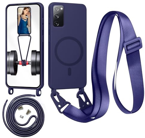 Belzsxy Magnétique Coque pour Samsung Galaxy S20 FE 5G avec Cordon,Compatible avec MagSafe,Etui Silicone Liquide Housse Fine Antichoc, Réglable Collier Lanière Étui Portable Lanyard Case,Bleu