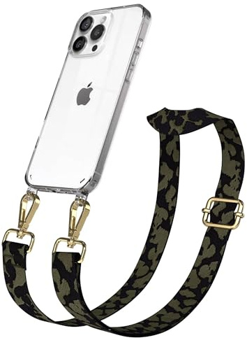 EAZY CASE Handykette - Verstellbares Taschenband kompatibel mit iPhone 16 Pro Max, Schulterriemen, Handykordel mit Silikon Hülle, Umhängetasche, Dunkelgrün Camouflage Gold