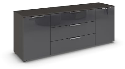 Rauch Möbel Flipp, Kommode, Farbe Glas Basalt/Graphit, Breite 160 cm | Sideboard, 2-türig, 3 Schubladen, Glasfront, Soft-Close-Funktion, für Schlafzimmer, Gästezimmer, Wohnzimmer, Garderobe, Flur