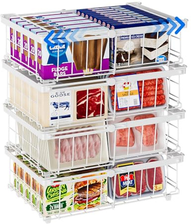 Vankarr 4er Gefrierkörbe Erweiterbare Gefrierschrank Organizer Stapelbar Aufbewahrungskorb metall Mit Griffen,für 140L-570L Gefriertruhen,Ausziehbare Länge(29-45.5x30.5x15cm),Weiß
