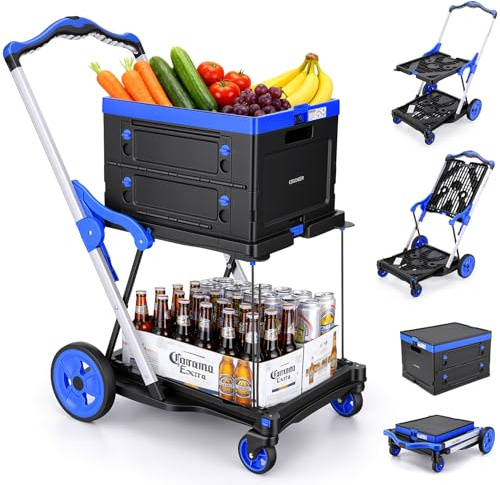 COOCHEER Einkaufswagen Transport-Klappmobil 90kg Traglast, 2 Etagen Kaufstrolley mit Klappbarer Korb, EIN-klick Faltung in 3 Sekunden, Höhenverstellbarer Griff für Supermarkt, Haushalt, Lager & Reise
