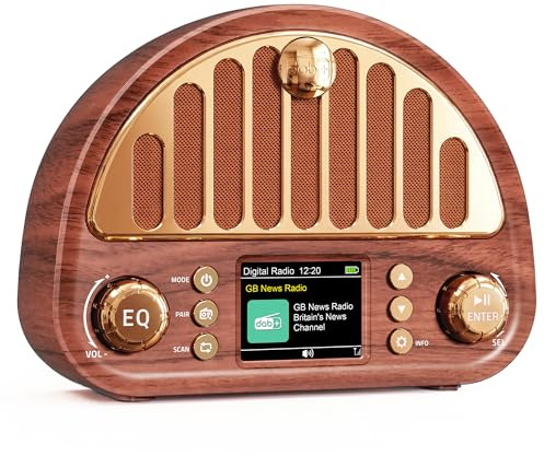 Roxicosly Vintage DAB+/FM Digital Radio with Bluetooth, Dual Alarm Clocks | Retro Portable Radio with 3000mAh Rechargeable Battery, 80 Presets, Timer, AUX/Micro SD Card Playback, EQ, Headphone Jack