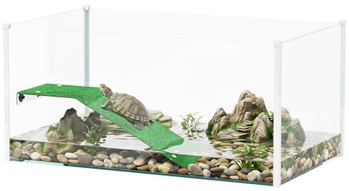 PawHut Acuario para Tortugas con Plataforma y Rampa 60x35x28 cm Blanco | Terrario de Tortugas, Tortuguera, Superficie de Césped Artificial, Vista Panorámica 360°, para Peces Pequeños, Camarones