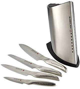Global SAI 5-teiliges Messerblock-Set - Leichter japanischer Edelstahl, rasiermesserscharfe Kante, handgehämmerte Klinge, Daumenauflage, hergestellt in Japan, SAI-5001