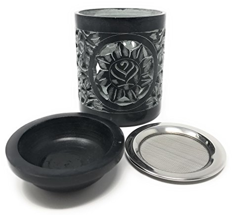 Räucher- und Dampfgefäß, schwarz, Speckstein, mit Sieb und Schale