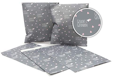 Frau WunderVoll® 100 PAPIERTÜTEN GESUCHT UND GEFUNDEN 13 x 16,5 cm, 45 Gramm Papier, flach/Candy Bar, Hochzeit, Kindergeburtstag, Papiertütchen, Candybag, Tüten, Mitgebseltüten