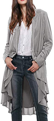 R.Vivimos Autunno Inverno Donne Velluto Ruffle Cappotto Casual Vintage Giacca Lunga Collarless Classico Swallowtail Hem Blazer(M,Argento)