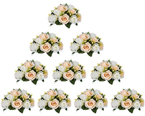 NUPTIO 10 Stück Künstliche Blumenstrauß, 15 Köpfe Kunststoff Rosen mit Sockel, Geeignet für Unser Geschäft Hochzeit Herzstück Blumenregal für Parteien Valentinstag Dekoration(Champagner & Weiß)