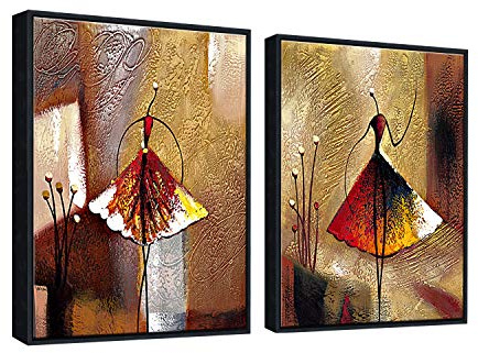 Wieco Art Bailarines de ballet con marco negro, 2 piezas, obras de arte decorativas modernas 100 % pintadas a mano, pinturas al óleo abstractas sobre lienzo, arte de pared para decoración del hogar,