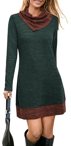 STYLEWORD Damen Rollkragenpullover Kleid Strick Langarm Ellenbogen Flicken Freizeithemd Tunika Top