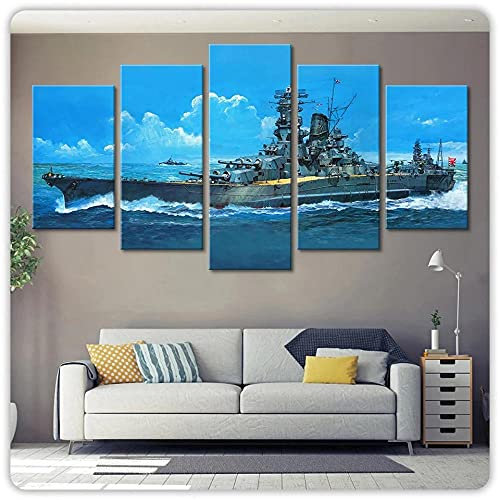 Wondbeau Poster & Kunstdrucke 5 Stück Leinwandjapanisches Schlachtschiff Yamato War 150×80Cm Mit Rahmen 5 Panel Kunstdrucke Wandbild Malerei Modulare Wohnkultur Bürodekoration