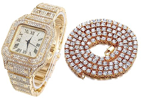 Halukakah Diamant Golduhr Iced Out, Männer 18k Echtgold Plattiert Quarz Armband 24cm Quadratisch Zifferblatt, mit Tennis-Ketten Halskette 45cm, Kommt mit Geschenkbox