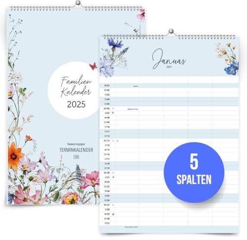 heaven+paper A3 großer Familienplaner 2026 mit 5 Spalten Wildblumen natur - Kalender für Familien 2026 mit Feiertagen, Schulferien, Mond - Wandkalender 2026 Familienkalender (Wildflower, 5 Spalten)