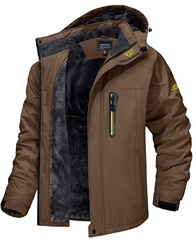MAGCOMSEN Herren Softshell Winterjacke Fleece Gefüttert Wasserdicht Outdoorjacke Männer Winddicht Warm Wanderjacke Thermo Funktionsjacke mit Reißverschlusstaschen Kaffee L