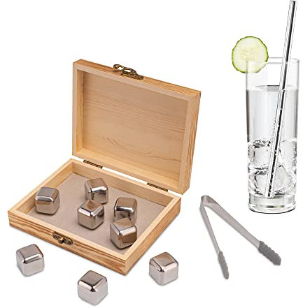 astano® Edelstahl Eiswürfel Set – 8 wiederverwendbare Whisky-Steine in edler Holzbox – Kühle Drinks ohne Verwässern – Perfekt für Whisky, Cocktails & Longdrinks