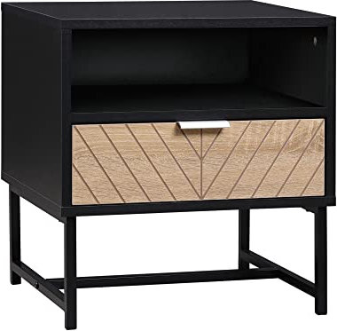 HOMCOM Table de Chevet Table de Nuit Style Industriel tiroir Niche piètement métal Aspect Bois de chêne sculpté à Chevrons Noir