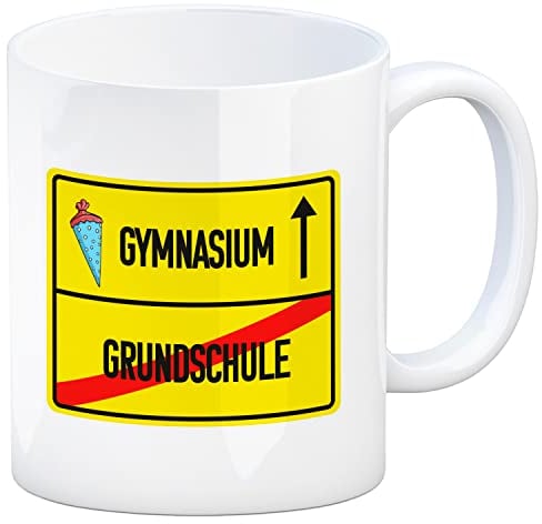 Gymnasium Ortsschild Kaffeebecher zur Einschulung witzige Tasse kann mit Süßigkeiten gefüllt werden für Kinder Geschenk für die Schultüte