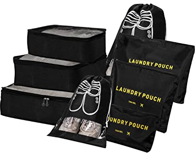 BillyBath 8-en-1 Set de Organiseurs de Bagage pour Voyage,Cubes Étanche Sacs de Voyage Rangement,Organisateur Valise Sacoches Bagages,Pour Vêtements Chaussures Sous-vêtements Cosmétiques (Noir)