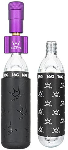 Peaty's Holeshot CO2 Tyre Inflator Kit 16g - Premium Unique Compact Straight-Line Design for Maximum Airflow & Rapid Inflation, 2x16g CO2 & Freeze Protector Sleeve, Road & Gravel Bike (16g) Violet