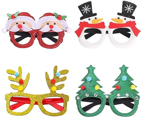 BASTOUR 4 Stück Weihnachten Brille Rahmen, Lustige Weihnachtsbrillen, Glitzer Weihnachten Brillengestell, Weihnachtsbrillen Kreative Lustige zum Weihnachten Party Deko für Erwachsene und Kinder