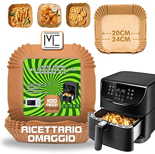 MC-100 Pz Carta Forno per Friggitrice ad Aria Antiaderente - Quadrata 20cm Monouso Carta Forno e Friggitrice ad Aria - Resiste fino a 220 Gradi di Temperatura - Antigrasso Fodera in Carta (100)