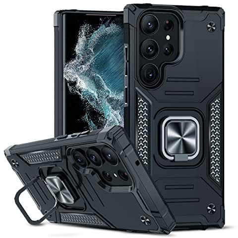 LeYi Rugged Armor Case for Samsung Galaxy S23 Ultra, Ring Holder Stand Shockproof Military Grade Protective Hard Bumper Mobile Phone Cover for Samsung Galaxy S23 Ultra Black