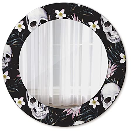 Tulup Badezimmerspiegel Ø 50 cm Bedruckter Spiegel Spiegel Groß Wandspiegel - Totenköpfe Blumen