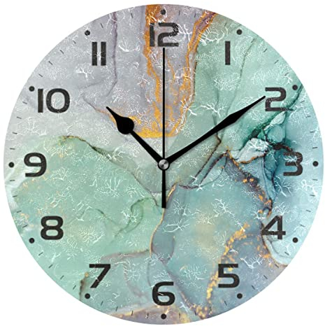 Mnsruu Große Wanduhren, abstrakte goldene blaugrüne Marmor-Textur, batteriebetrieben, nicht tickend, 25,4 cm, stille Kunst, Schlafzimmer, Küche, Atomuhr, analoge Uhren, Heimdekoration, 25 x 25 cm