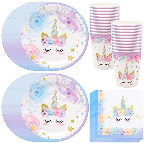 WSAMJIN 48 Pcs Vajilla de Unicornio Cumpleaños, Juego de Vajilla Unicornio, Vajilla de Fiesta de Unicornio, Decoraciones Cumpleaños Unicornio con Platos, Taza, Servilletas Para Niños