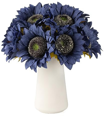 DuHouse 12pcs künstliche Sonnenblumen mit Langen Stielen, 12cm Seide Sonnenblumen Bulk für Hochzeit Haus Garten im Freien Party-Dekoration (Blau)